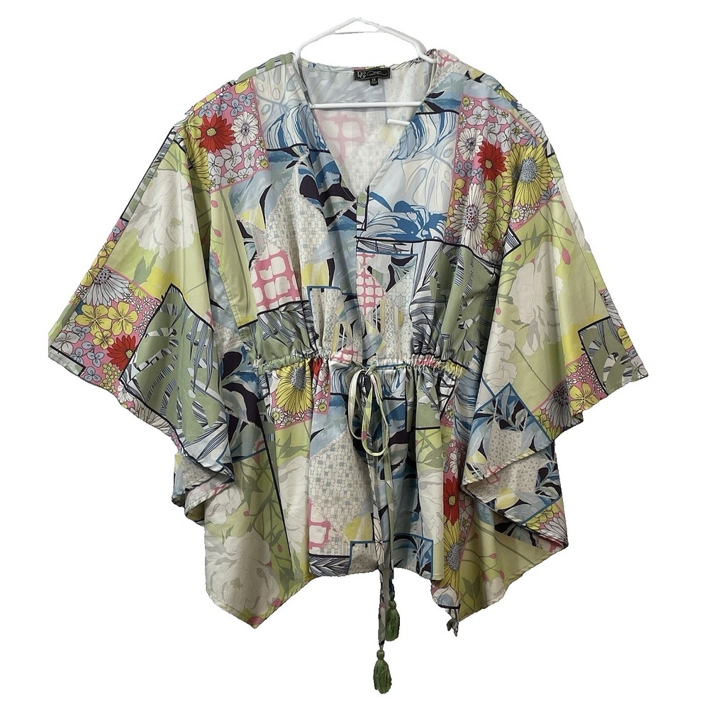 Diane Gilman Womens Top 1X Butterfly Sleeves Tie Waist Multicolor
